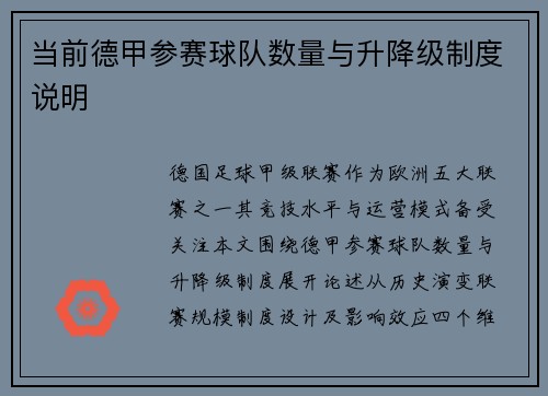 当前德甲参赛球队数量与升降级制度说明