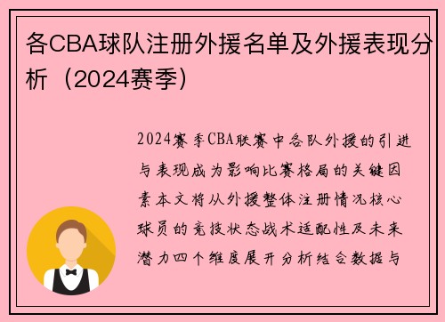 各CBA球队注册外援名单及外援表现分析（2024赛季）