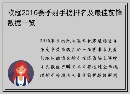 欧冠2016赛季射手榜排名及最佳前锋数据一览